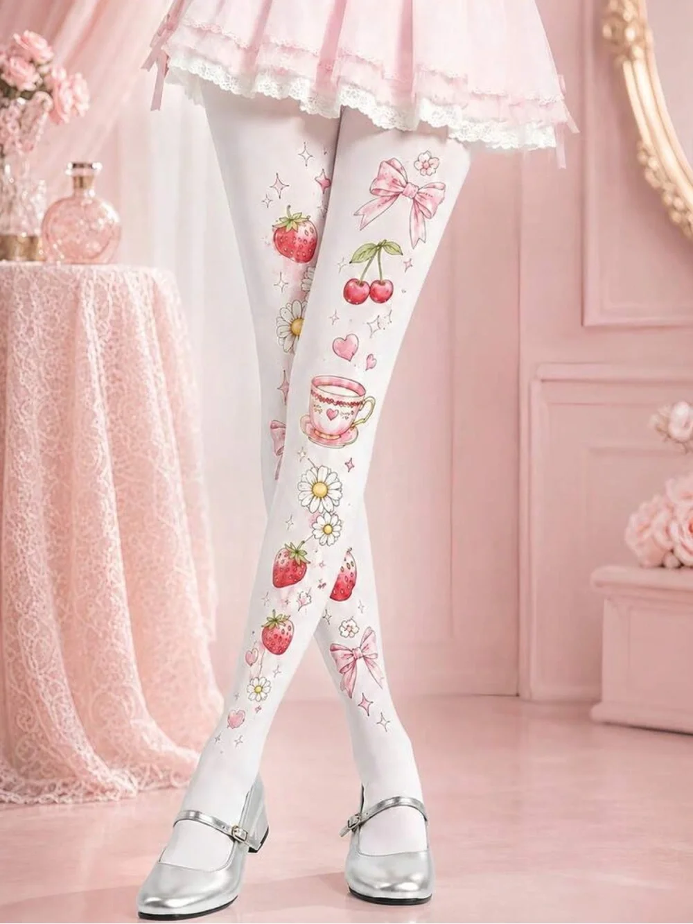 Sweet Strawberry & Cherry Print Woman’s Tights - White